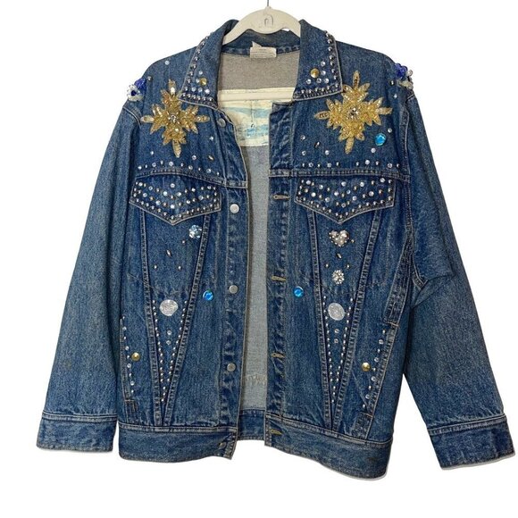 Vintage Freego Womens Denim Jacket Blue Size Medium Embellished Button Cotton - Picture 1 of 16
